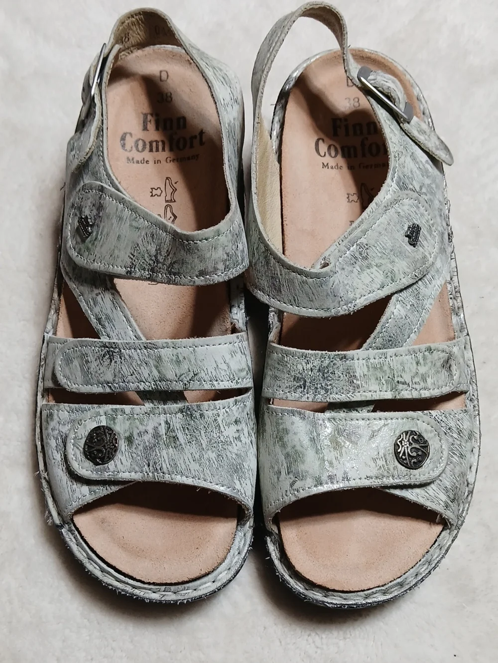 Finn Comfort Silver Green Leather Adjustable Strappy Sandals Size 38